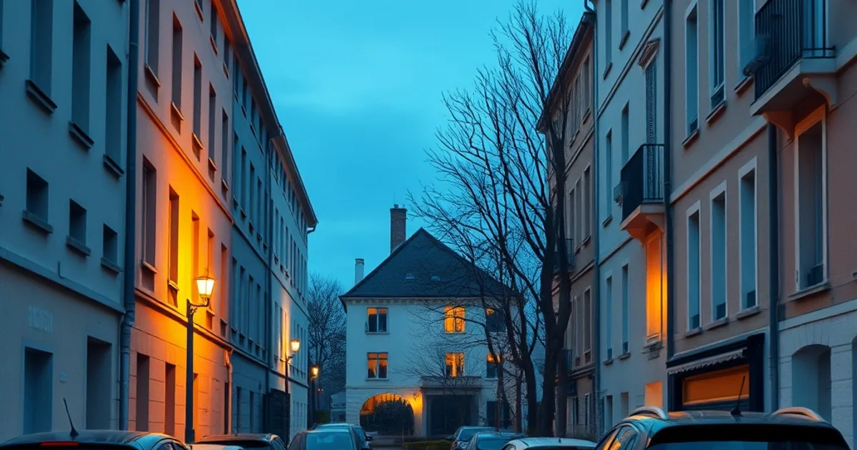 Rue au crépuscule sous les lampadaires, voitures garées et maison aux fenêtres allumées, illustrant le bilan 2025 des cambriolages à Issy-les-Moulineaux (92)